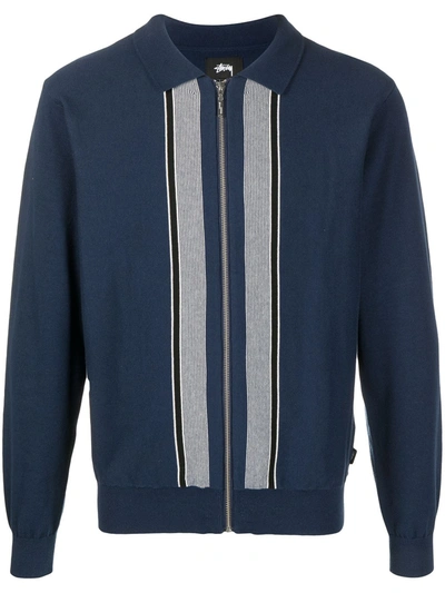 Stussy Blue Cardigan Stussy Striped Panel Cotton Cardigan In Blue