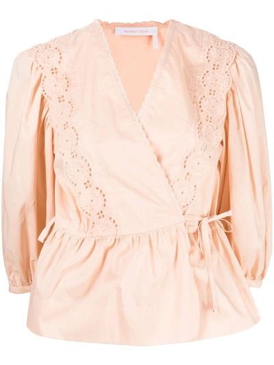 See By Chloé Broderie Anglaise-trimmed Cotton-poplin Wrap Blouse In Perfect Peach