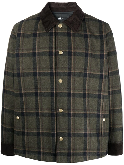Apc Alan Corduroy-collar Checked Wool-blend Jacket In Green