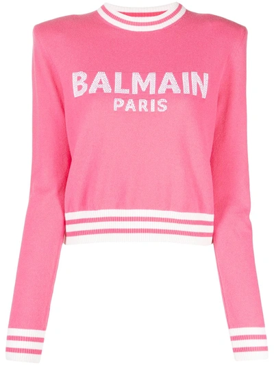 Balmain Logo提花垫肩毛衣 In Pink