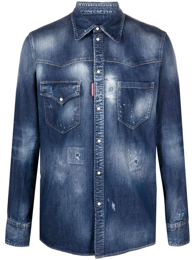 Dsquared2 Distressed Buttoned Denim Shirt In Blue