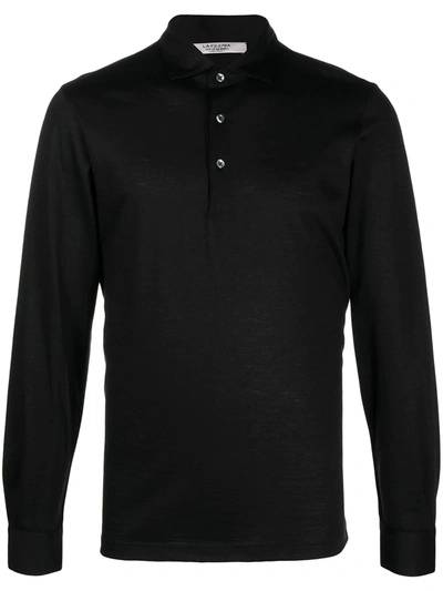 La Fileria For D'aniello Virgin Wool Long-sleeved Polo Shirt In Black