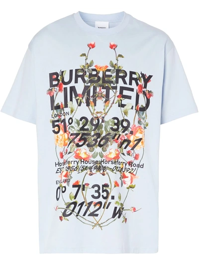 Burberry Blue Munlow T-shirt With Floral Print In Light Blue,black