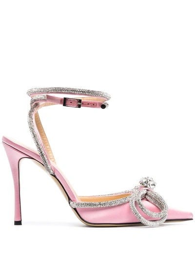 Mach & Mach Double Bow Crystal-embellished Satin Heeled Sandals In Pink