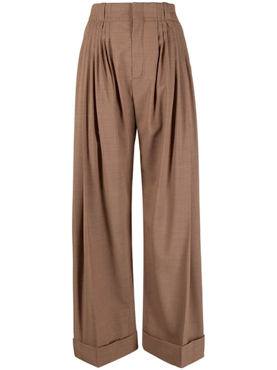 Chloé Houndstooth Pleated Wide Leg Trousers In Braun