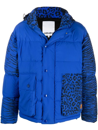 Kenzo Animal-print Hooded Padded Jacket In Blue