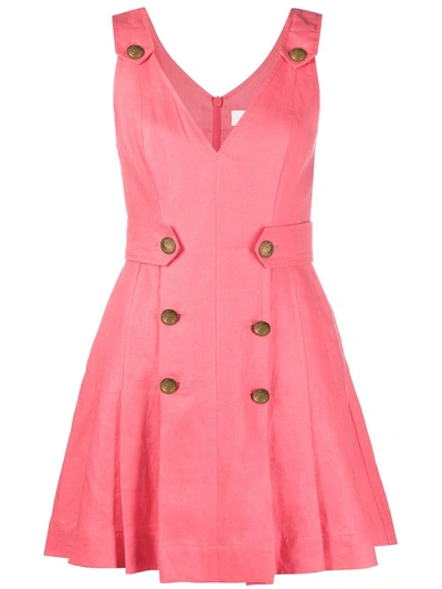 Zimmermann Button-embellished Pleated Linen Mini Dress In Coral