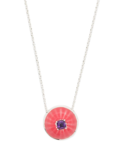 Akansha Sethi Amethyst Pink Enamel Button Necklace In Silver