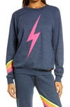 Aviator Nation Bolt Chevron Stripe Sweatshirt In Heather Navy/neondnu