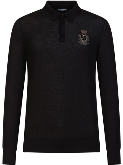Dolce & Gabbana Embroidered Logo Long Sleeved Polo Shirt In Black