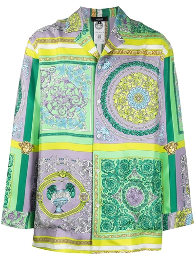 Versace Barocco Mosaic Print Silk Pajama Shirt In Green