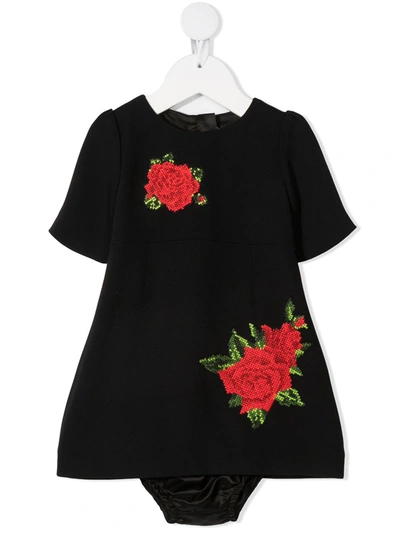 Dolce & Gabbana Babies' Rose-embroidered Dress In Black