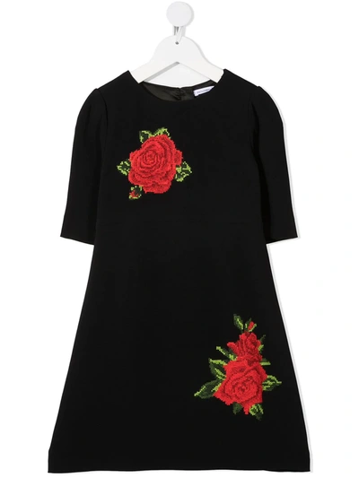 Dolce & Gabbana Kids' Sleeveless Cady Dress W/ Rose Patches In Black