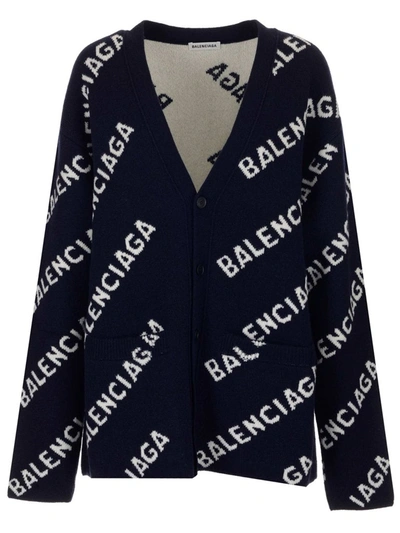 Balenciaga Logo-intarsia Stretch-wool Cardigan In Blue