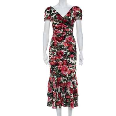 Pre-owned Dolce & Gabbana Multicolor Floral Printed Silk Crepe Ruched Midi Dress S In Navy Blue