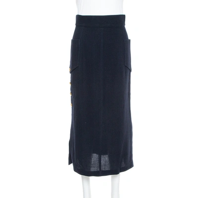 Pre-owned Chanel Vintage Navy Blue Wool Midi Skirt M