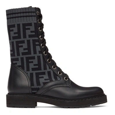 Fendi Rockoko Ff Leather-trimmed Combat Boots In Black