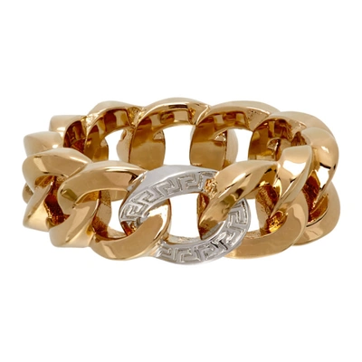 Versace Greek Motif Chained Bicolor Ring In Gold,silver