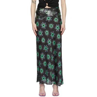 Paco Rabanne Chainmail-trimmed Floral-print Crepe De Chine Midi Skirt In Black