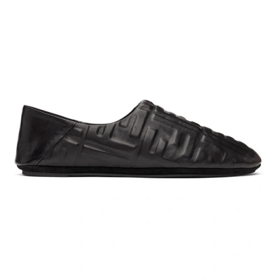 Fendi Ff-embossed Leather Slippers In Black