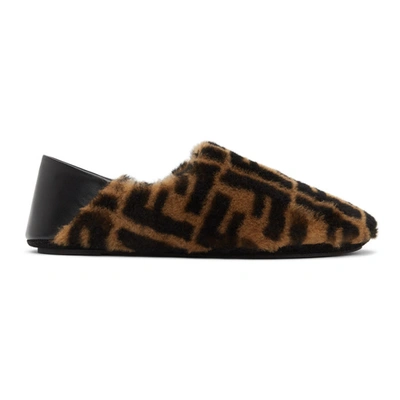 Fendi Leather-trimmed Logo-print Shearling Collapsible-heel Slippers In Brown