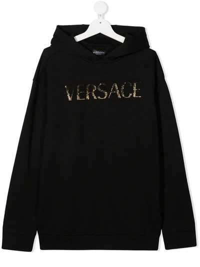 Young Versace Teen Embellished Logo Hoodie In Black