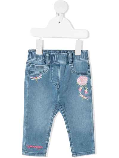 Monnalisa Babies' Embroidered Floral Jeans In Blue