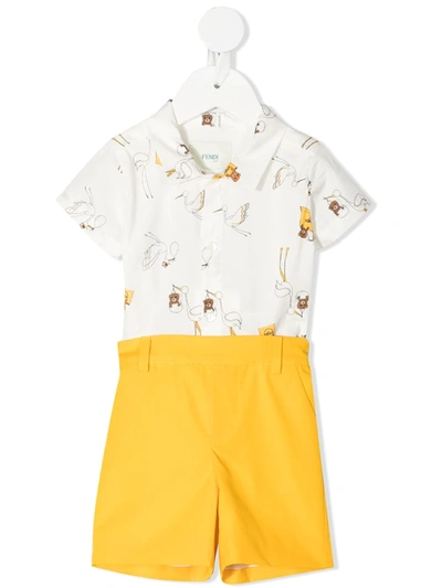 Fendi Babies' Stork Print Short Romper In 黄色