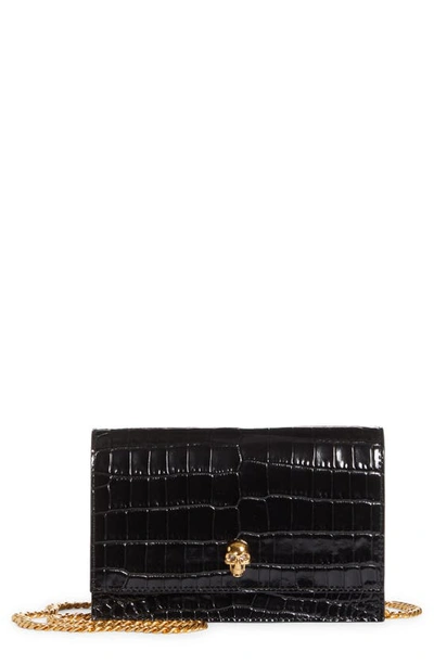 Alexander Mcqueen Mini Mock-croc Crossbody Bag With Small Skull In Black