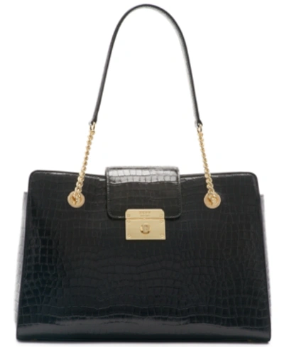 Dkny Lilian Croc Embossed Leather Tote In Black/gold