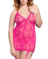 ICOLLECTION WOMEN'S PLUS SIZE SATIN AND LACE, LACE UP GARTER CHEMISE AND PANTY LINGERIE SET