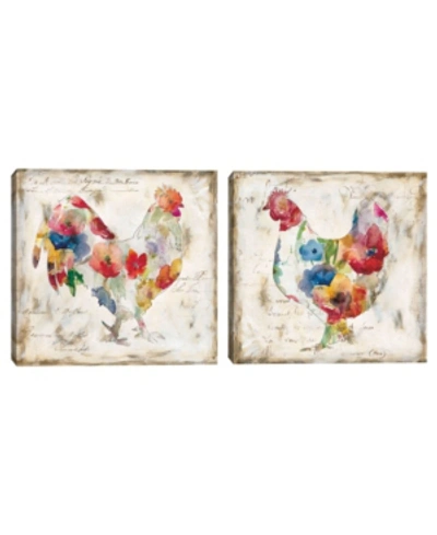 Fine Art Canvas Flowered Hen & Rooster By Carol Robinson Set Of Canvas Art Prints In Multi