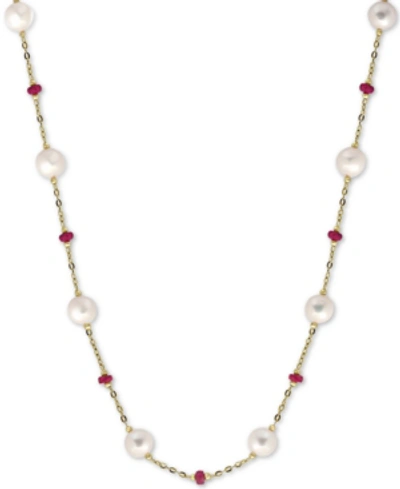 Effy Collection Effy Cultured Freshwater Pearl (8mm) & Ruby (3-1/3 Ct. T.w.) 18" Statement Necklace In 14k Gold (als