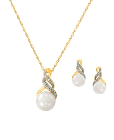 Macy's Cultured Freshwater Pearl (8 & 9mm) And Diamond Accent Pendant Necklace And Earrings Set In Sterling In Gold Over Silver
