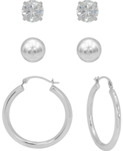 Macy's 3-pc. Earrings Set Hoop, Ball Stud & Cubic Zirconia Stud Earrings In White Gold