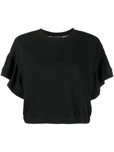 Alice And Olivia Joline Ruffle Short Sleeve Crop Sweatshirt In Black