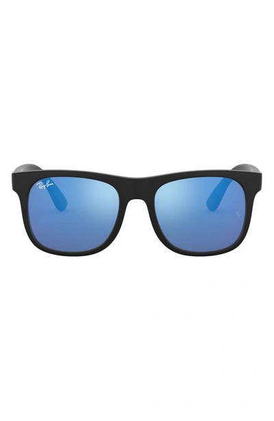 Ray Ban Junior 48mm Mirrored Square Sunglasses In Rubber Black/ Blue Mirror