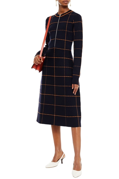 Victoria Beckham Checked Jacquard-knit Wool-blend Midi Dress In Navy