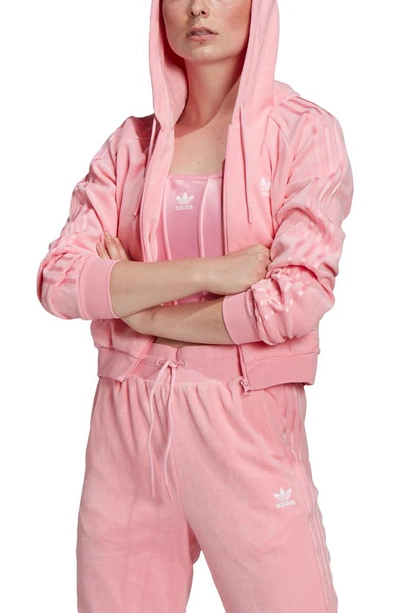 Adidas Originals Adidas Women's Originals Velour Crop Full-zip Hoodie In Light Pink