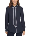 DKNY PIPED-TRIM BUTTON-UP BLOUSE