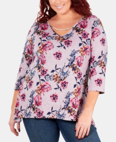 Ny Collection Plus Size Printed 3/4-sleeve Top In Pink Alessarose