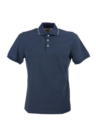 Brunello Cucinelli Cotton Piqué Slim Fit Polo Shirt With Striped Knit Collar In Blue