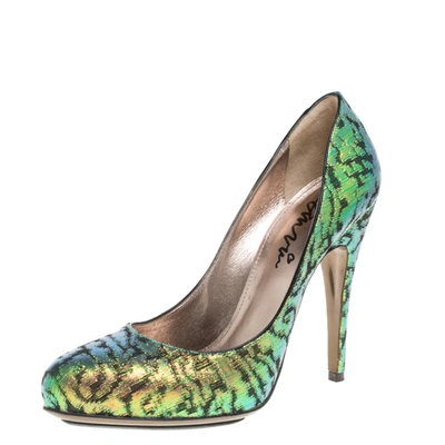 Pre-owned Lanvin Multicolor Shimmer Fabric Slip On Pumps Size 40 In Green