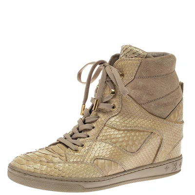 LOUIS VUITTON Calfskin Suede Monogram Cliff Top Wedge Sneakers