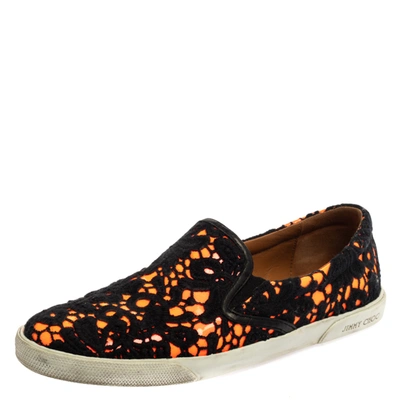 Pre-owned Jimmy Choo Black/neon Orange Lace And Patent Leather Demi Slip-on Trainers Size 39.5