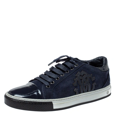 Pre-owned Roberto Cavalli Navy Blue Suede And Patent Leather Low Top Sneakers Size 40