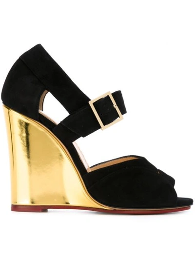 Charlotte Olympia Woman Marcella Suede Wedge Sandals Black In Black-gold
