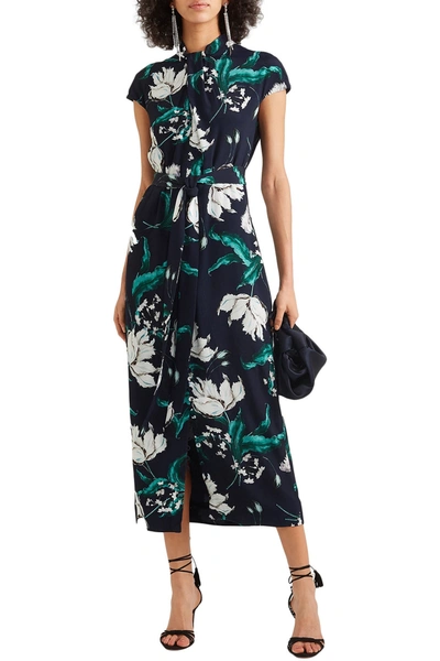 Erdem Finn Belted Floral-print Crepe Midi Dress In Blue
