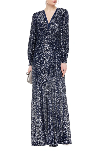 Rachel Zoe Ruched Sequined Tulle Gown In Navy