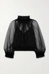 ALICE AND OLIVIA ALEXIA CROPPED VELVET-TRIMMED RUFFLED CHIFFON BLOUSE
